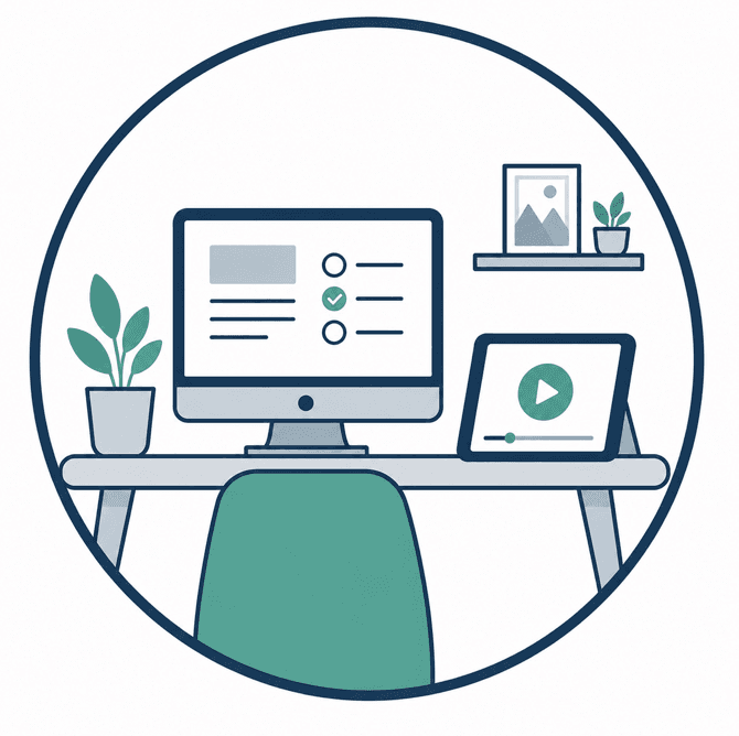 A tidy workspace — a screen showing your checklist of next steps, with a video lesson beside it